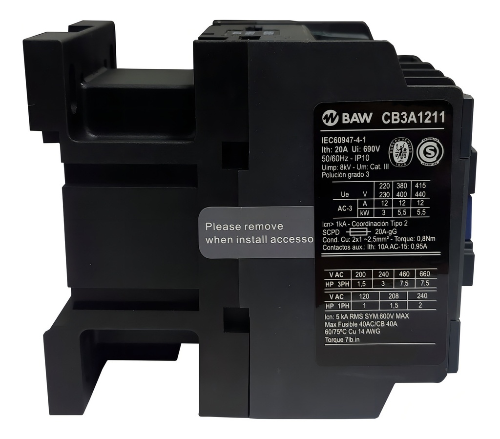 CONTACTOR 3P  12A 1NA+1NC 220VCA BAW - CB3A1211M7