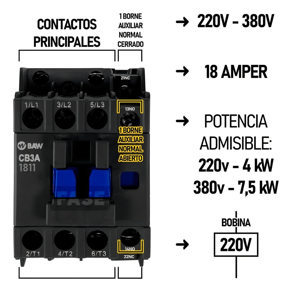 CONTACTOR 3P  18A 1NA+1NC 24VCA BAW - CB3A1811B7