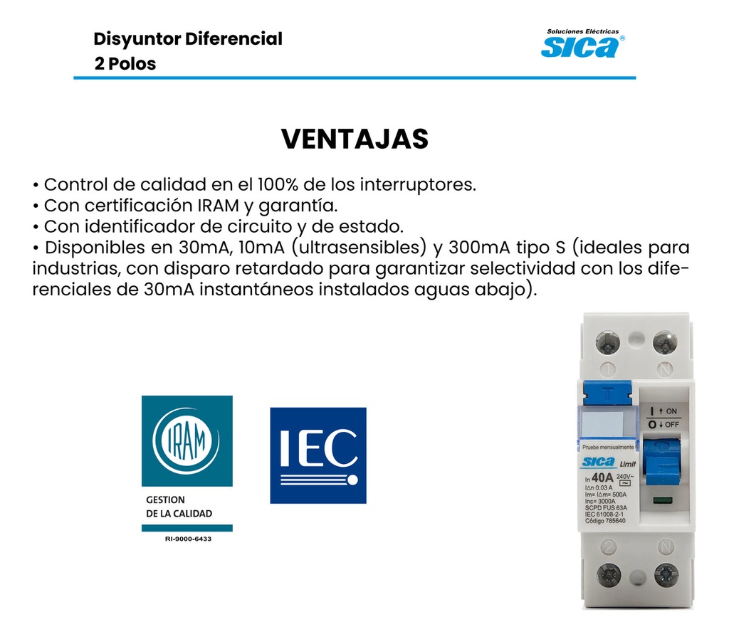 DISYUNTOR 2X40A 30MA 230V SICA - 785640