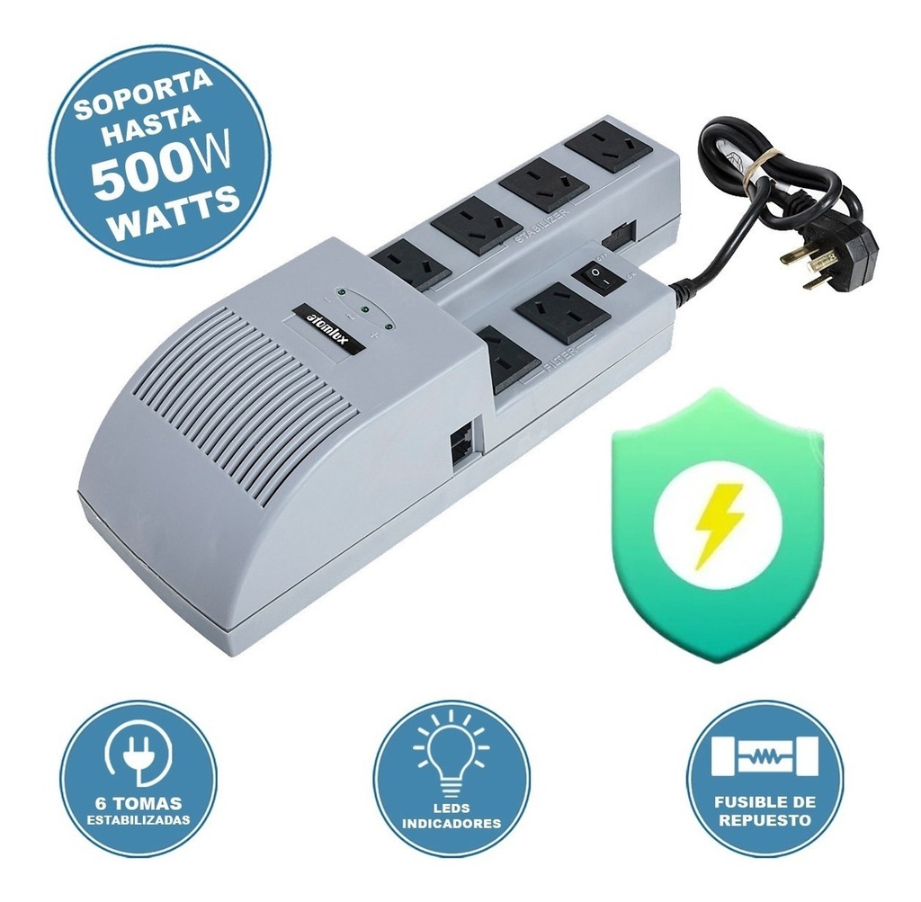 ESTABILIZADOR TENSION + FILTRO 6 TOMAS 500VA ATOMLUX - R 500@