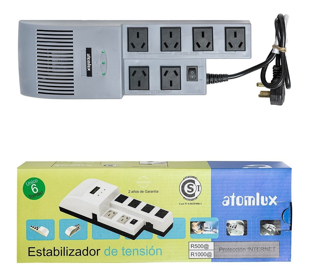 ESTABILIZADOR TENSION + FILTRO 6 TOMAS 500VA ATOMLUX - R 500@