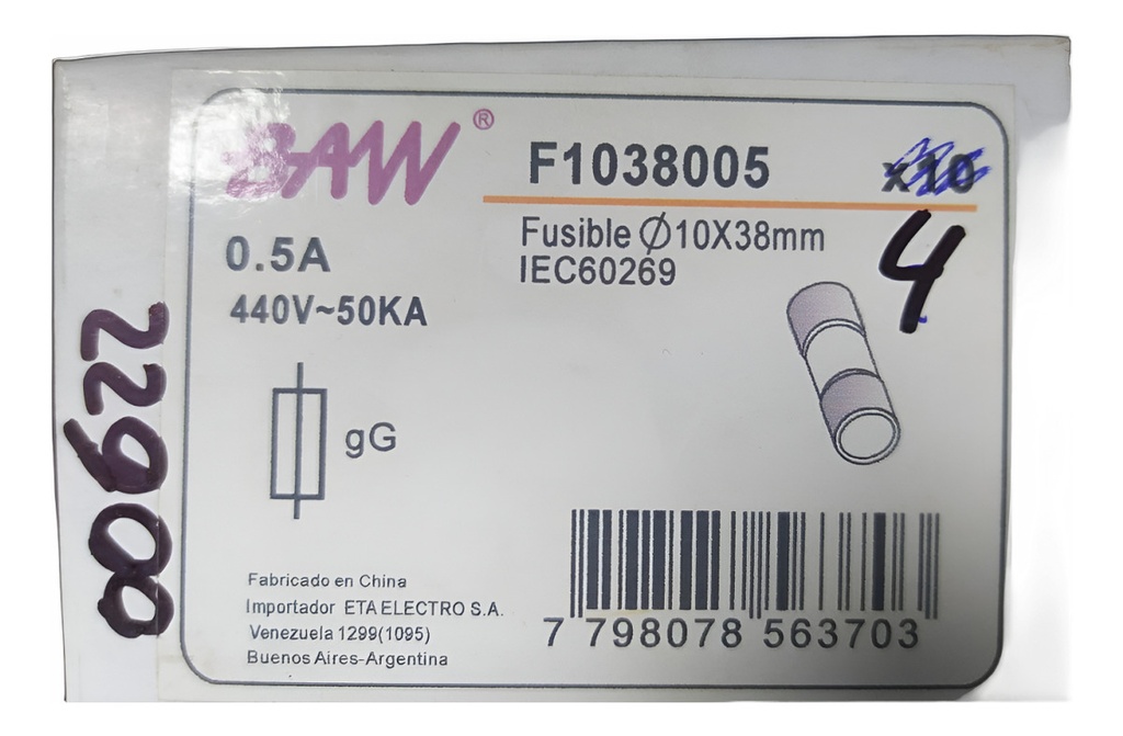 FUSIBLE CERAMICO 10X38MM.  6A GL BAW - F103806