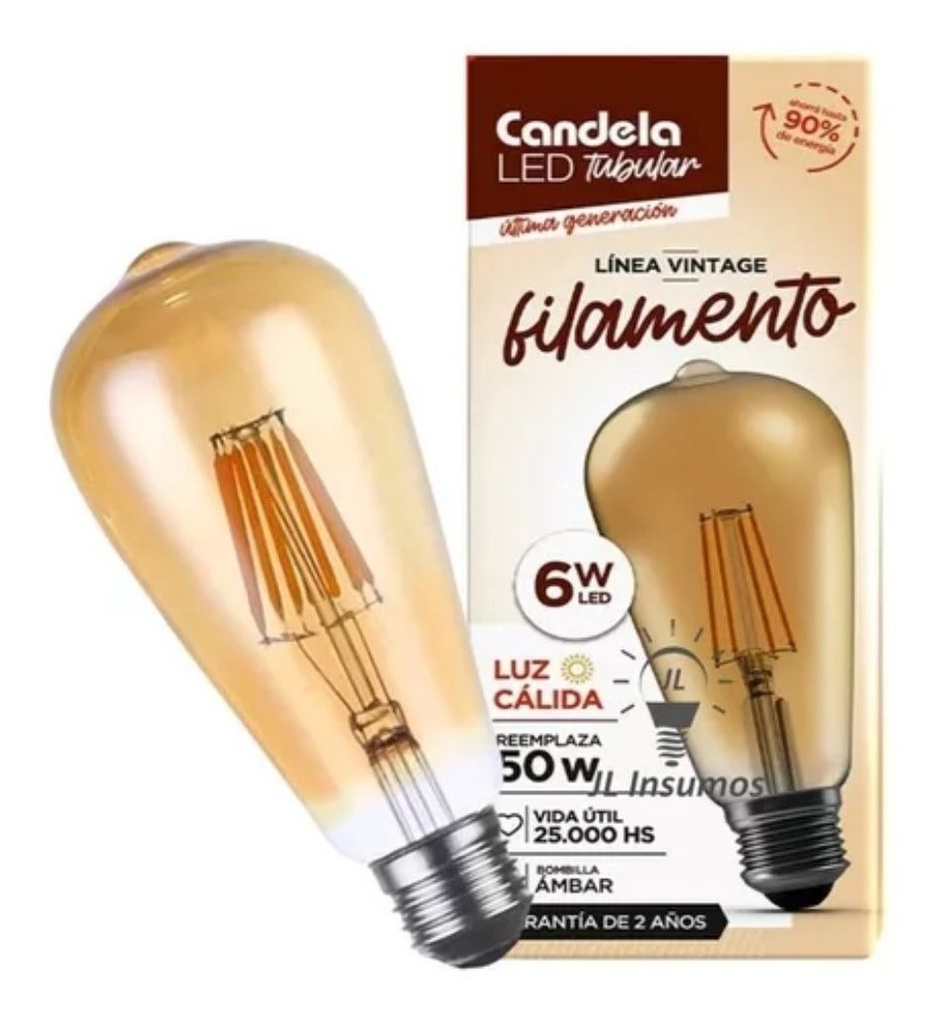 LAMPARA FILAMENTO TUBULAR 6W ST64 AMBAR E27 - CANDELA - 6807