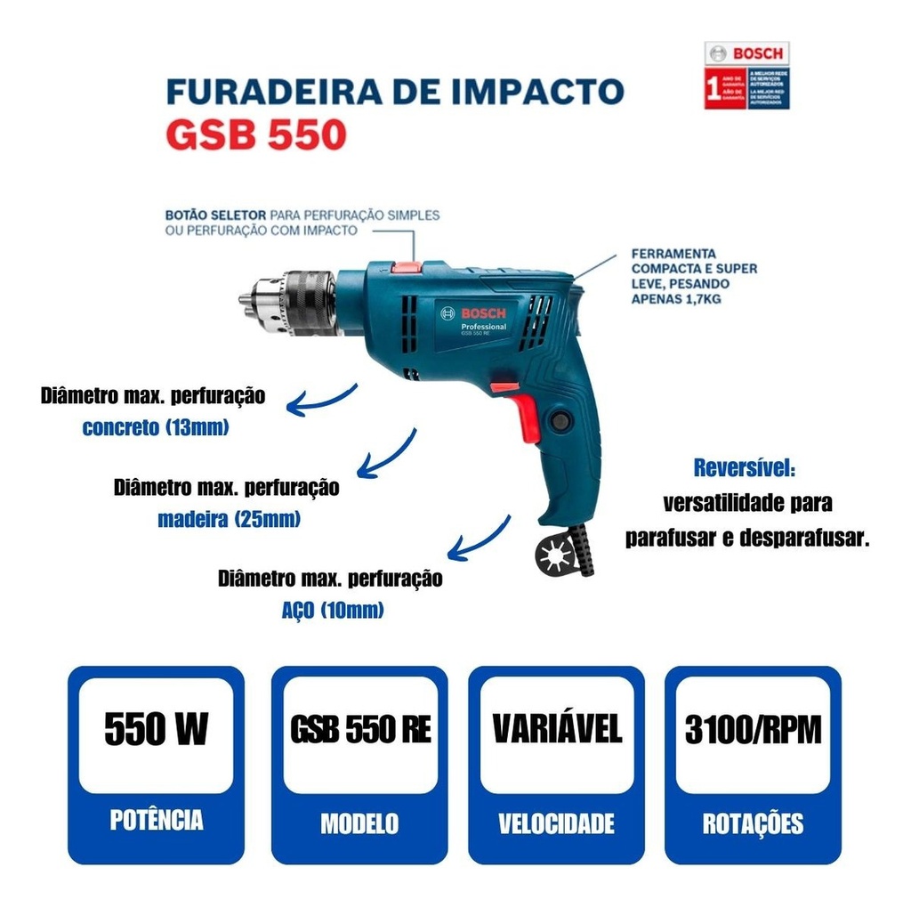 TALADRO PERCUTOR REV. 550W 13MM GSB 550 BOSCH - 06011B60H0